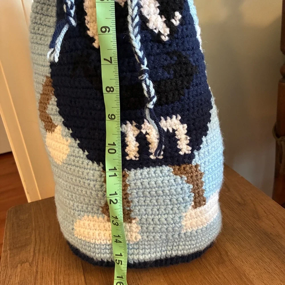 Handmade M&M Crochet Drawstring Bag Blue Kidcore Y2K Backpack Kitschy Retro VTG